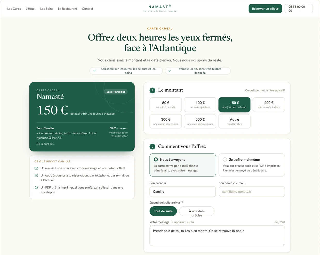 Page carte cadeau d'un établissement propulsé par MAREA : montant libre, envoi daté, aperçu de la carte