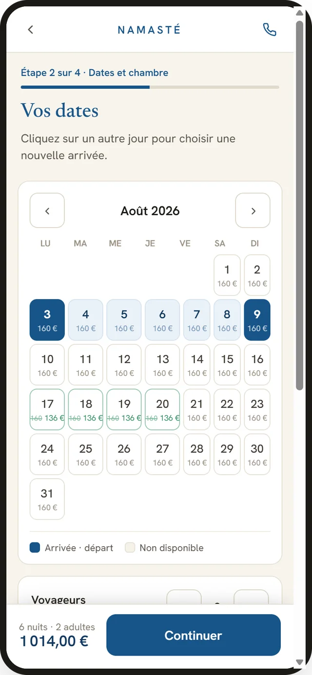 Tunnel de réservation MAREA sur téléphone : calendrier des prix et total du séjour