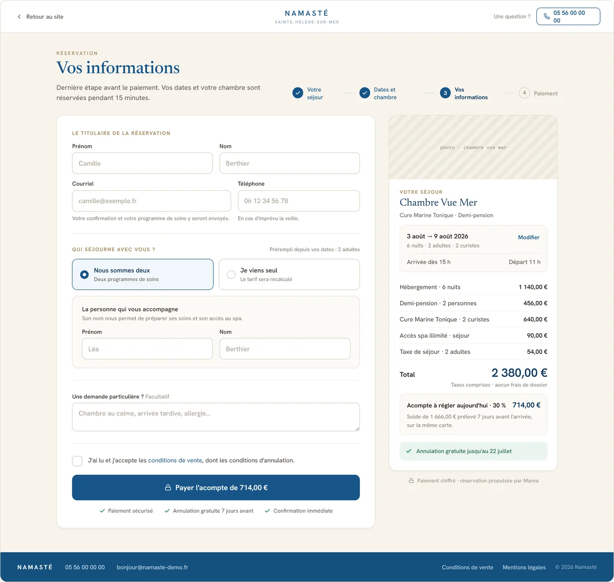 Réservation MAREA : séjour décomposé ligne par ligne (hébergement, demi-pension, cure, options) avec acompte à régler